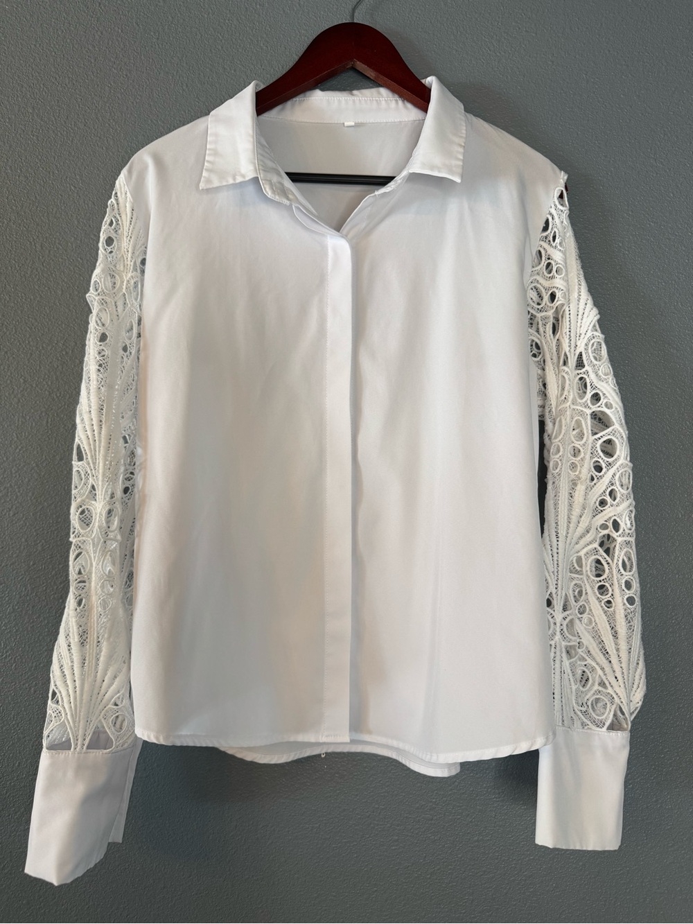 White Women's Button-Up Blouse with Lace Sleeves